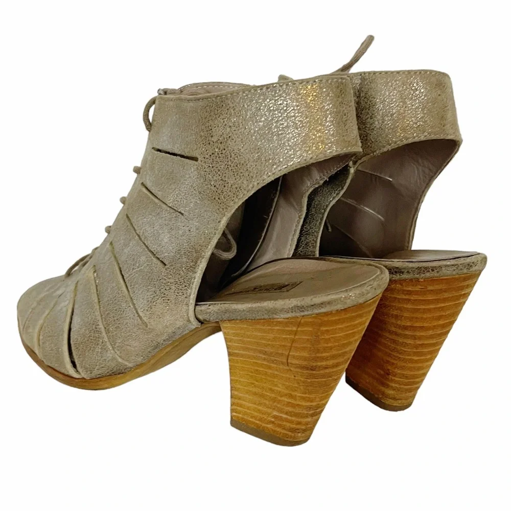 COSMO Paul Green Silver Metallic Cutout Leather Lace-up Peep Toe Ankle Bootie